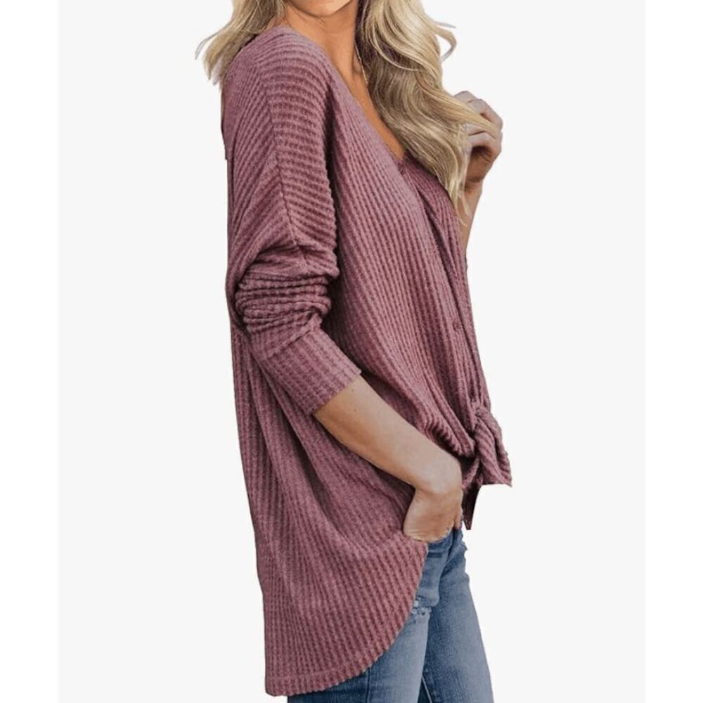 IWOLLENCE Women's Waffle Knit Tunic Blouse Tie Knot Henley Top- Size S - Picture 9 of 11